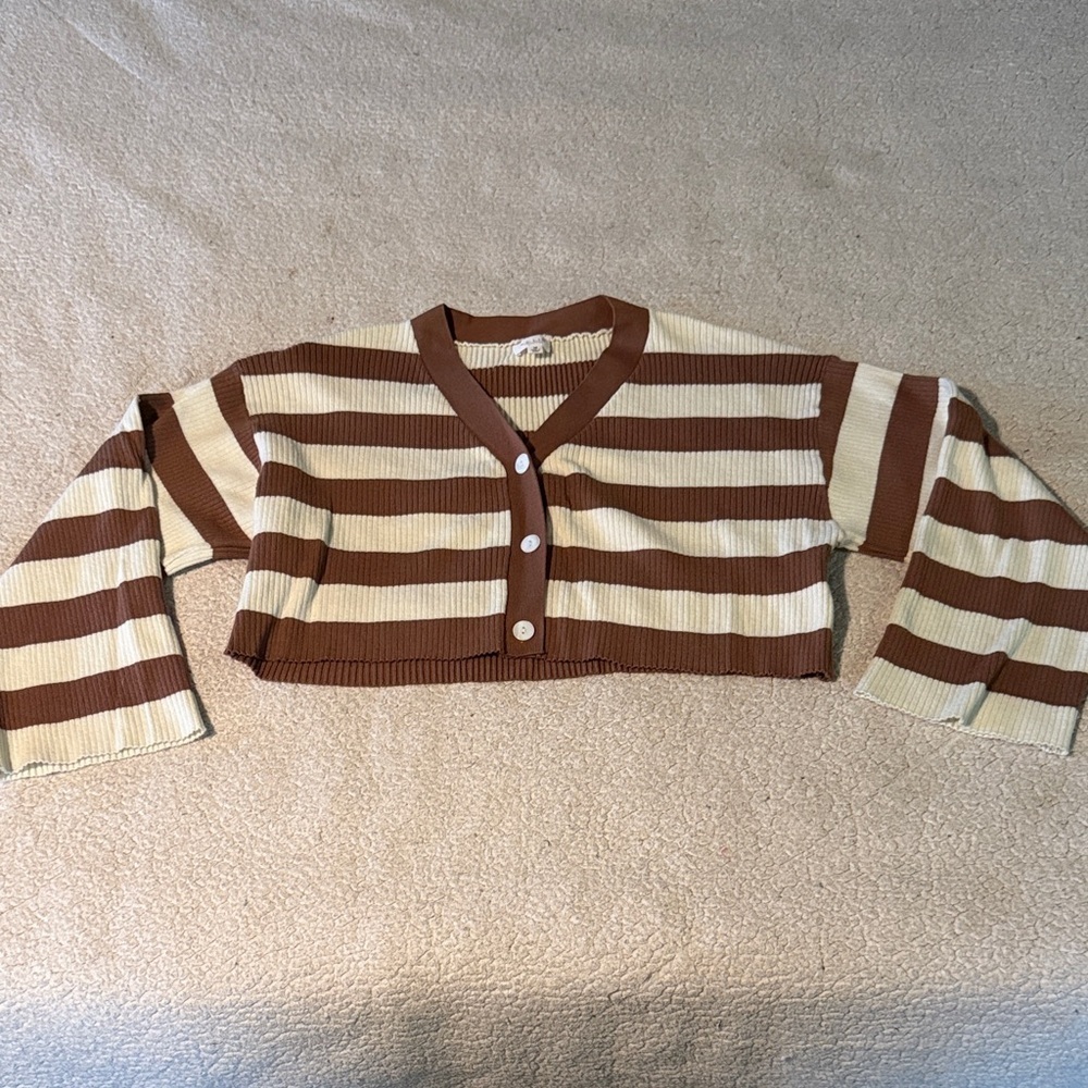Le Lis Brown and Cream Striped Cropped Cardigan Medium